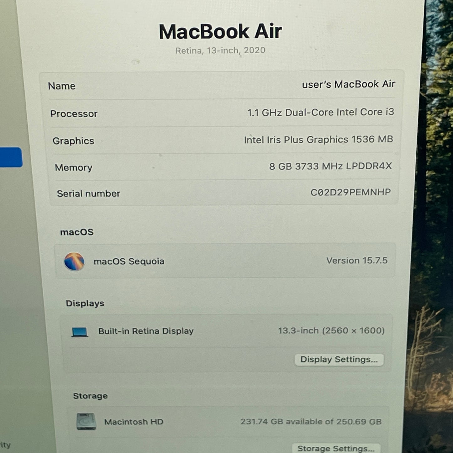 2020 Apple MacBook Air 13.3" i3 1.1GHz 8GB RAM 256GB SSD Space Gray A2179