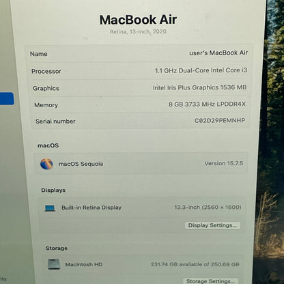 2020 Apple MacBook Air 13.3" i3 1.1GHz 8GB RAM 256GB SSD Space Gray A2179