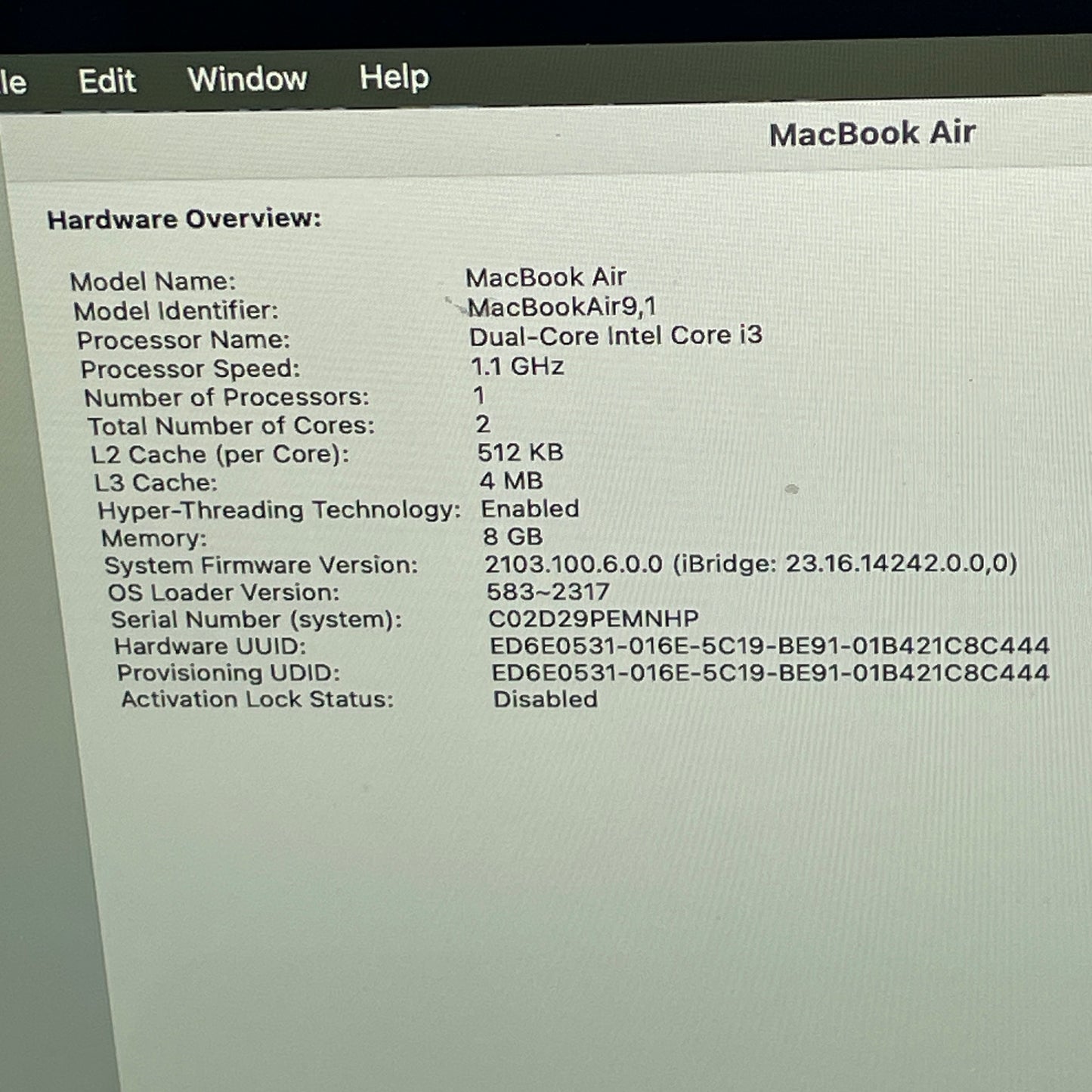 2020 Apple MacBook Air 13.3" i3 1.1GHz 8GB RAM 256GB SSD Space Gray A2179
