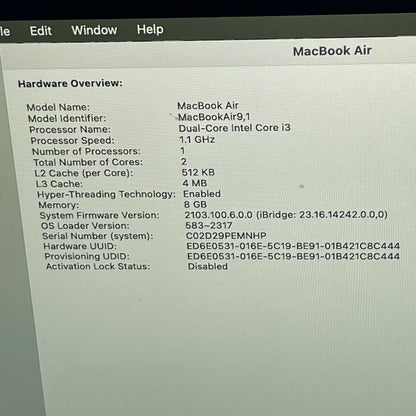 2020 Apple MacBook Air 13.3" i3 1.1GHz 8GB RAM 256GB SSD Space Gray A2179