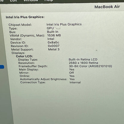 2020 Apple MacBook Air 13.3" i3 1.1GHz 8GB RAM 256GB SSD Space Gray A2179
