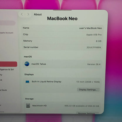 2026 Apple MacBook Neo 13" A18 Pro 5C GPU 4.0GHz 8GB RAM 512GB SSD MHFJ4LL/A