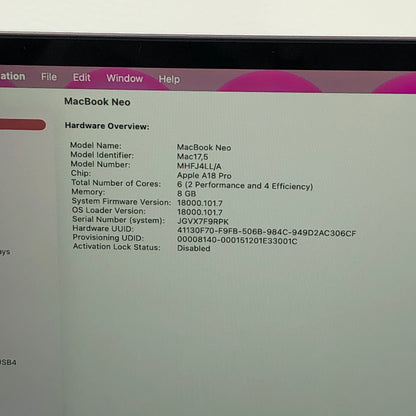 2026 Apple MacBook Neo 13" A18 Pro 5C GPU 4.0GHz 8GB RAM 512GB SSD MHFJ4LL/A