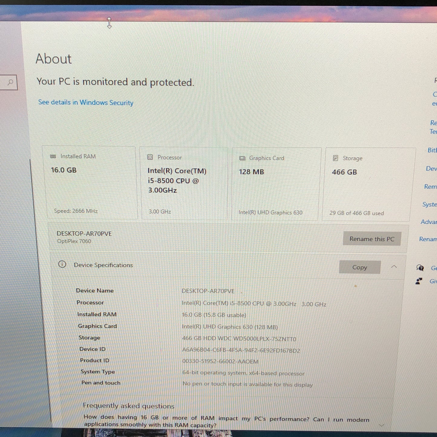 Dell OptiPlex 7060 AR70PVE Core i5-8500 3.00GHz 16GB RAM 500GB HDD