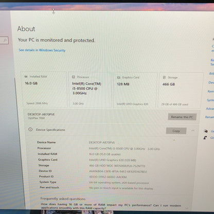 Dell OptiPlex 7060 AR70PVE Core i5-8500 3.00GHz 16GB RAM 500GB HDD