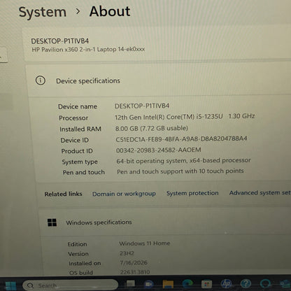 HP Pavilion x360 PITIVB4 14" i5-1235U 1.3GHz 8GB RAM 512GB SSD